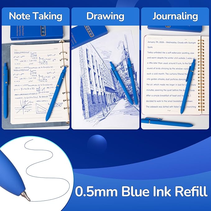 6 Pcs Blue Ink Pens for Journaling 0.5mm Fine Point Blue Gel Ink Pens, Smooth Writing Quick Dry Pens for Note Taking, Gift Set for Women & Men (6 Pcs Blue Gold)