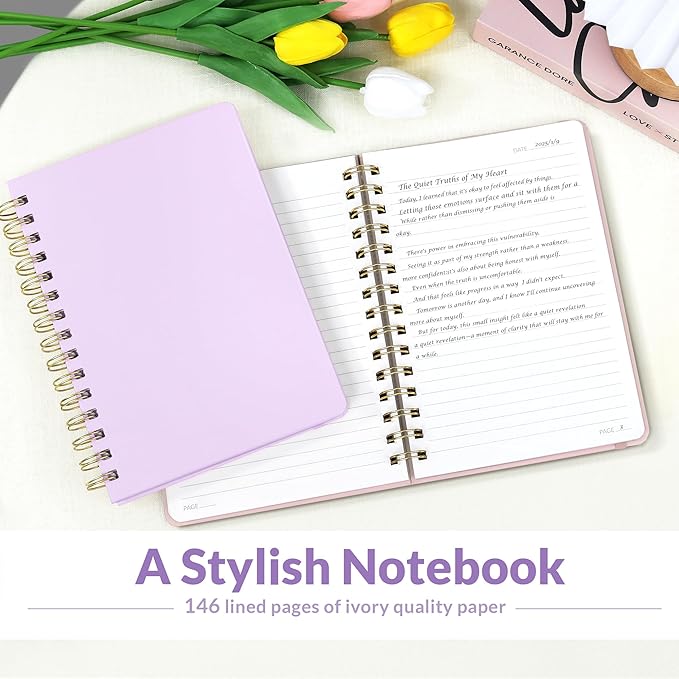 SUNEE Journaling Notebooks, A5 Lined Spiral Notebook for Women, 146 Pages College Ruled Hardcover Notebook for Work, Note Taking, Journaling and Office School Supplies, A5 - Purple