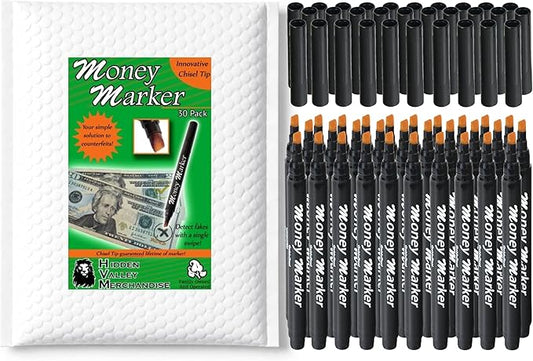 HVM Counterfeit Money Detector Pen (30 Counterfeit Pens) - Money Marker Bill Detector Pen with Upgraded Chisel Tip - Detect Fake Bills, Universal False Currency Checker Pack