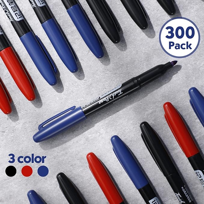 Thenshop 300 Pack Permanent Markers Bulk Back to School First Day of School Gifts Fine Point Waterproof Marker Works on Plastic, Wood, Stone, Metal, Glass for Office Classroom(Black, Red, Blue)
