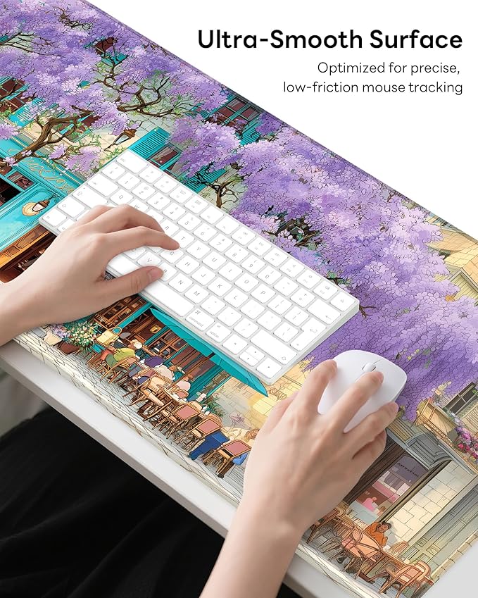 XL Gaming Mouse Pad, 31.5x17.5'' Large Desk Mat with Anti-Slip Rubber Base & Stitched Edges for Gaming, Office, Home - Wisteria Cafe