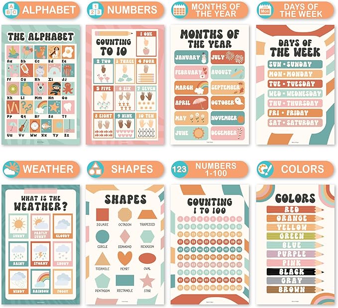 Hadley Designs 16 Educational Posters for Classroom Decor - Learning Posters for Toddlers 1-3, Alphabet for Classroom Wall, Daycare Essentials, Homeschool Posters Preschool, Retro Playroom Decor