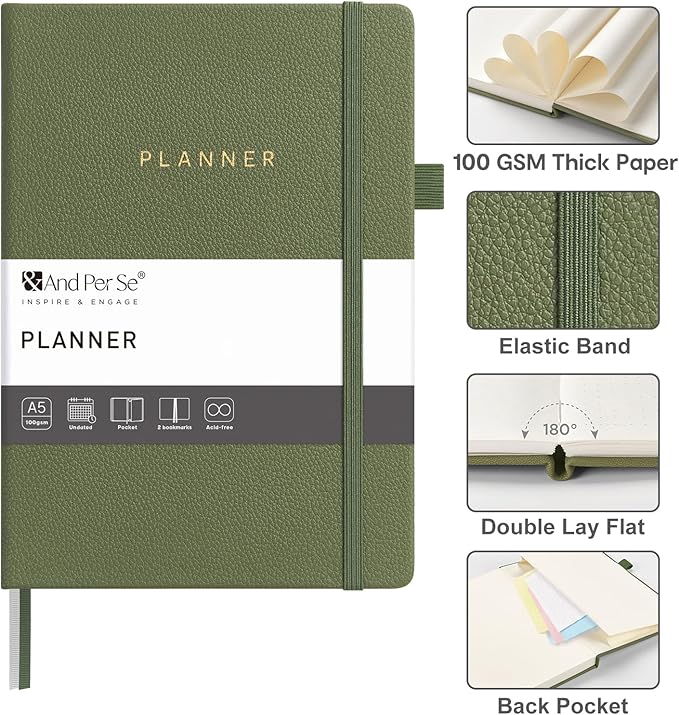 And Per Se Undated Planner – A5 Leather Hardcover Weekly & Monthly Goal Planner for 72 Weeks (1.5 Years) – with Goal & Habit Tracker (Olive Green)