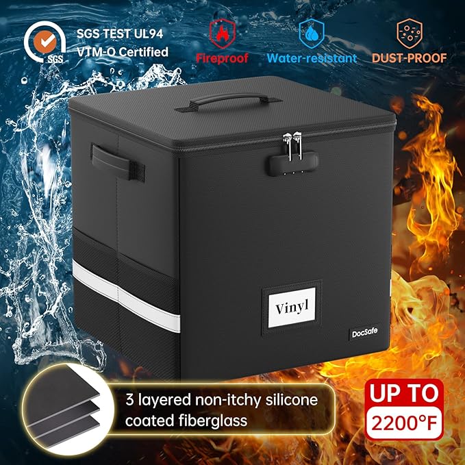 DocSafe Vinyl Record Storage Box with Lock,Fireproof Record Organizer Storage for 100+ Single Records(12-inch), Collapsible Storage Crate with Lid & Handles for Valuable Album Collection,Black,2 Pack
