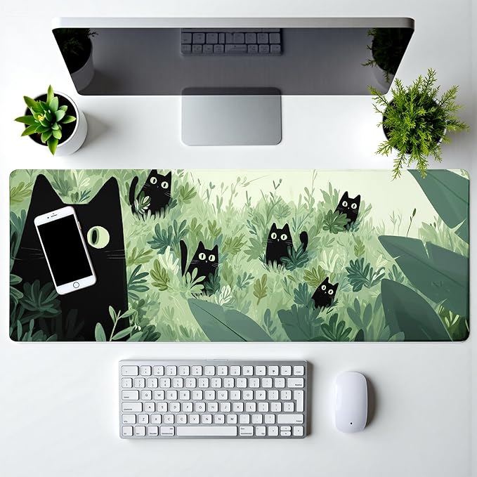 Black Cat Gaming Mouse Pad Large Desk Mat Extended Keyboard Mouse Pad Anime Mousepad with Non-Slip Base and Stitched Edge Mouse Mat Desk Pad 31.5 x 11.8 Mouse Pads for Desk Home Office Gaming