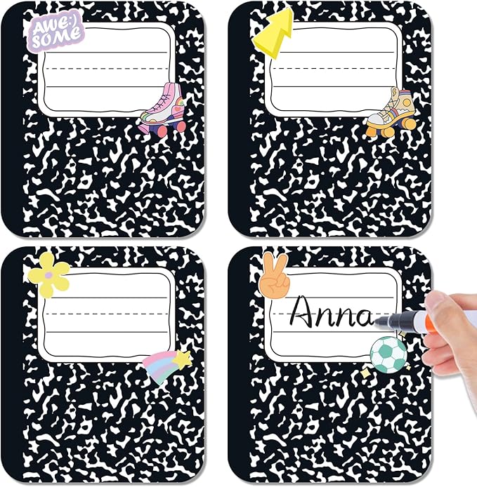 Starboling 36 Pcs Name Tags,6 x 7 Inch Adhesive Desk Nameplates Composition Notebook for Classroom Elementary,Kindergarten,Preschool Teacher Supplies
