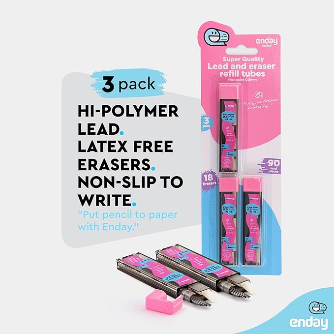 Enday Mechanical Pencil Refills, Black HB #2 Lead 0.5, White Eraser Refills for Pencil Tops, 2 Packs of 3 Tubes (30 Pieces of Lead & 6 Erasers per Tube)