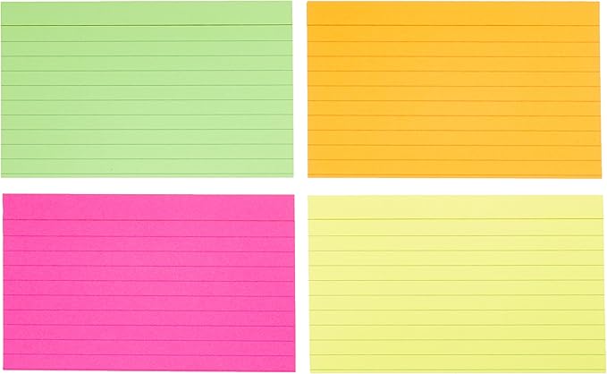 Amazon Basics Ruled Index Flash Cards for Studying and Note Taking, Color Coding, Assorted Neon Colors, 3" x 5", 300-Count