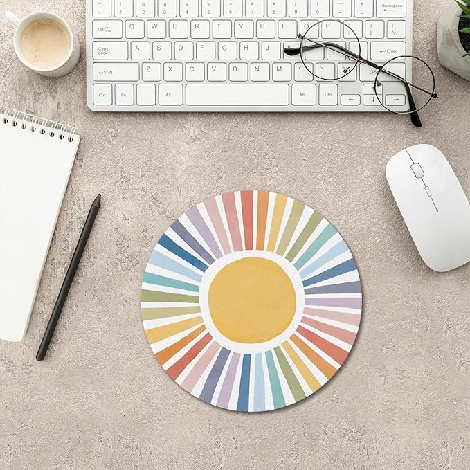 Boho Colorful Rainbow Sun Mouse Pad, Cute Rainbow Sunshine Mouse Pads Mousepad for Desk Home Office Dorm Computers Laptop, Boho Office Supplies Desk Accessories, 7.9x7.9 Inch