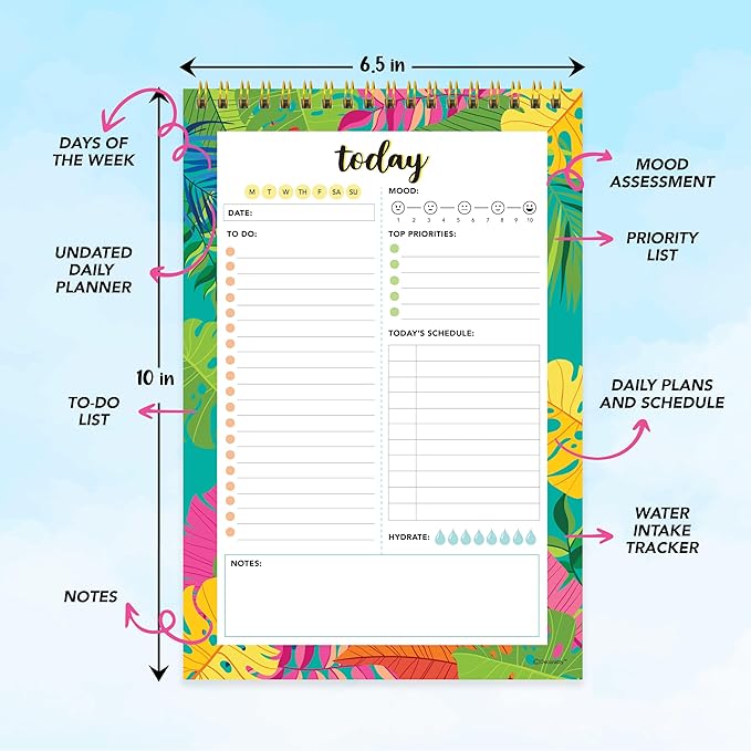 Decorably 52 Sheets Vibrant Forest Undated Daily Planner Notepad Tear Off, 6.5x10in Spring-Bound Daily to Do List to Do Pad, Priorities, Habit Tracker, Mood, Water Intake, Notes