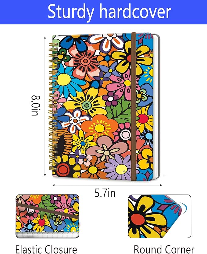 Spiral Journal Notebook, A5 Cute Notebooks for Women Men, College Ruled Hardcover Notebook for Work & Note Taking, 60 Pages Double-Wire Journals for Writing, Cute Colorful Boho Flowers