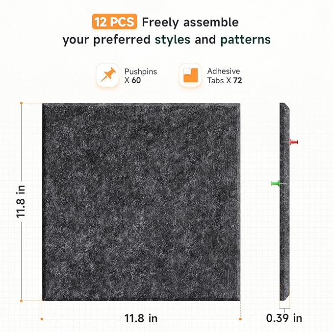 Felt Cork Board for Wall: Extra Large Bulletin Board for Office - 12 PCS Thick Corkboard Tiles Black Pin Board Squares Adhesive