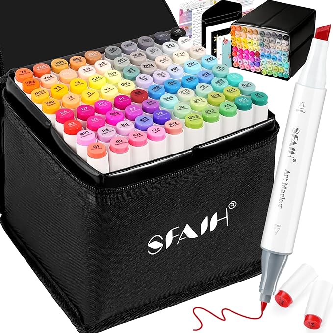 SFAIH Dual Tip Alcohol Markers - 81 Vibrant Colors, Permanent Art Markers for Adults Coloring Drawing Sketch Illustration, Poster Wood Fabric More Surface, Permanent Fade Resistant Ink [Storage Case]