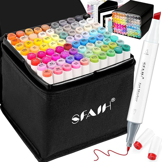 SFAIH Dual Tip Alcohol Markers - 81 Vibrant Colors, Permanent Art Markers for Adults Coloring Drawing Sketch Illustration, Poster Wood Fabric More Surface, Permanent Fade Resistant Ink [Storage Case]