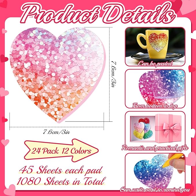 Teling 24 Pack Valentine's Day Sticky Notes Heart Shape Sticky Notes 3 x 3 Inch Sequins Notepads Bulk Cute Memo Pads for Galentines Party Gifts School Office Supplies (Bright)