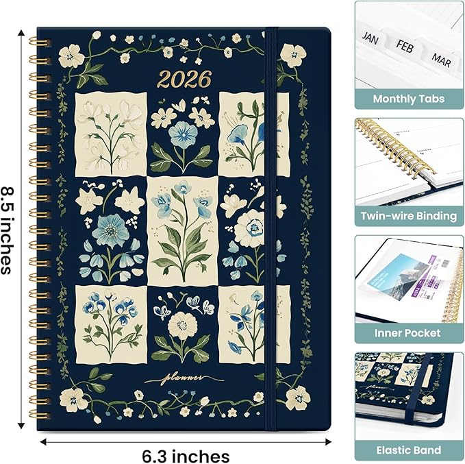 2026 Planner, Weekly and Monthly Calendar Planner for Women, Jan 2026 - Dec 2026, Hardcover Planning Agenda book with Tabs, Spiral Bound, Inner Pocket, Perfect for School Office Supplies, 6.3" x 8.5" - Blue Patchwork