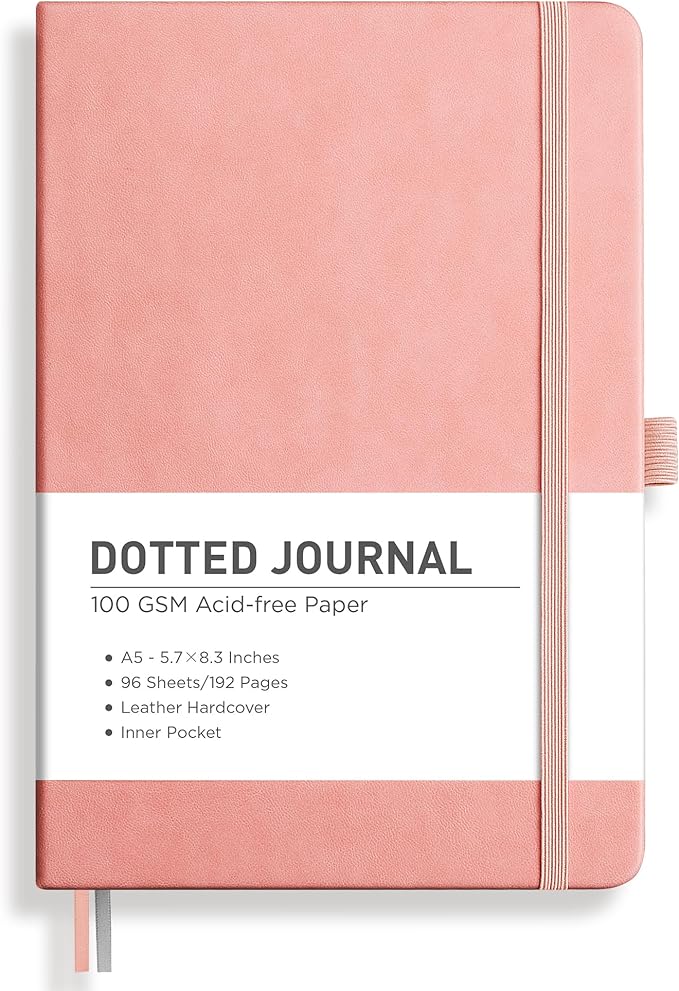 RETTACY Dotted Journal Notebook, 192 Pages, A5 Medium Size (5.7'' x 8.3''), Leather Hardcover, 100 GSM Thick Paper, for Bullet Journaling, Planning, Tracking (Pink)
