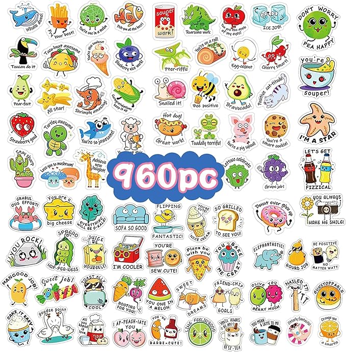 BoAn 960PCS Punny Teacher Stickers for Students, Inspirational Positive Accents Words & Cute Animal Motivational Reward Stickers for Kids Classroom & Home School Supplies