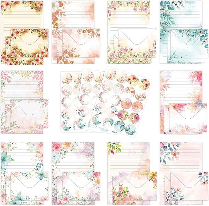 160PCS Stationary Paper and Envelopes Set, 10 Different Style Floral Themed Writing Paper Stationery Set (50 stationery paper + 50 envelopes+60 Sticker)