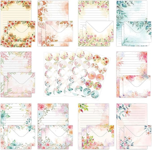 160PCS Stationary Paper and Envelopes Set, 10 Different Style Floral Themed Writing Paper Stationery Set (50 stationery paper + 50 envelopes+60 Sticker)