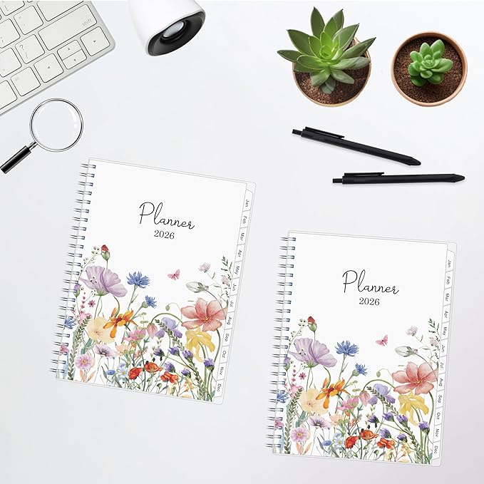 2026 Planner, Weekly ＆ Monthly Planner 2026, Jan 2026 – Dec 2026, 6.2" x 8.42", Flexible Cover, 12 Monthly Tabs, Thick Paper, Spiral Wirebound, Inner Pocket, Watercolor Flowers