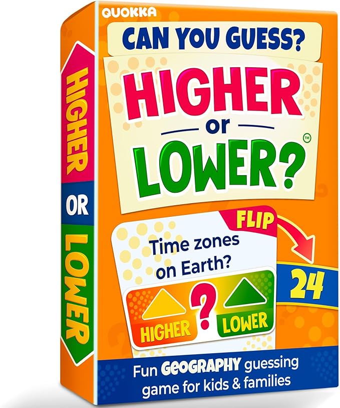 QUOKKA Trivia Board Games for Kids and Adults - Version V2.0 - Family Night Geography Games 4xSet Higher or Lower Trivia Cards | Guess Fun Questions | 2 + Players - Challenge Your Geography Knowledge