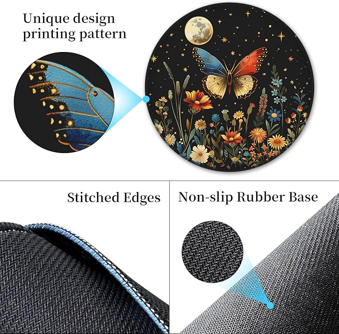 Mouse Pad for Desk, Butterfly Floral Small Cute Mousepad with Non-Slip Base, Round Mouse Pads for Wireless Mouse Laptop Gaming, Computer Mouse Mat for Home Office Travel Desk Accessories