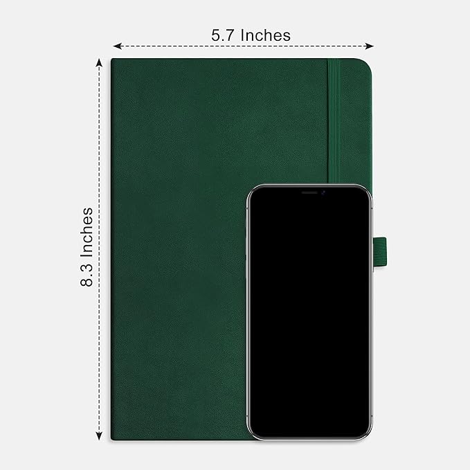 RETTACY Dotted Journal Notebook, 192 Pages, A5 Medium Size (5.7'' x 8.3''), Leather Hardcover, 100 GSM Thick Paper, for Bullet Journaling, Planning, Tracking (Dark Green)