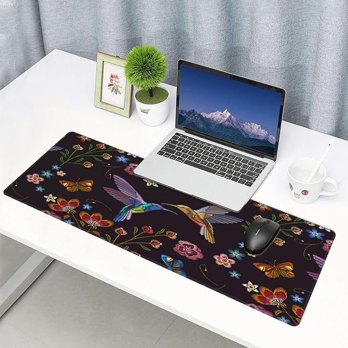 Hummingbird and Tropical Flowers Large Mouse Pad with Stitched Edges Long Non-Slip Rubber Base Mousepad Humming Birds Laptop Keyboard Mat Desk Pad for Office Home Desk Decor, 31.5" X 11.8"