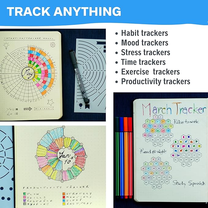 Ultimate Productivity Stencils & Stickers - x20 Sheets of Planner Stickers, x6 Stencils - Calendars, to Do Lists, Habit Trackers, Goals - Accessories & Supplies for Bullet Journals by Sunny Streak