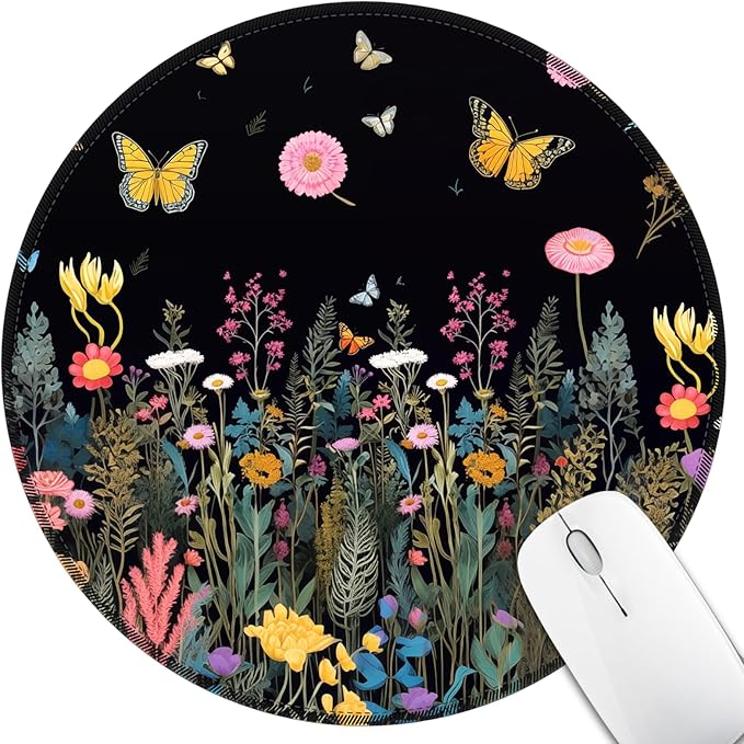 Butterfly Floral Mouse Pad for Desk, Flowers Plants Small Cute Mousepad with Non-Slip Base, Round Mouse Pads for Wireless Mouse Laptop, Computer Mouse Mat for Home Office Desk Accessories