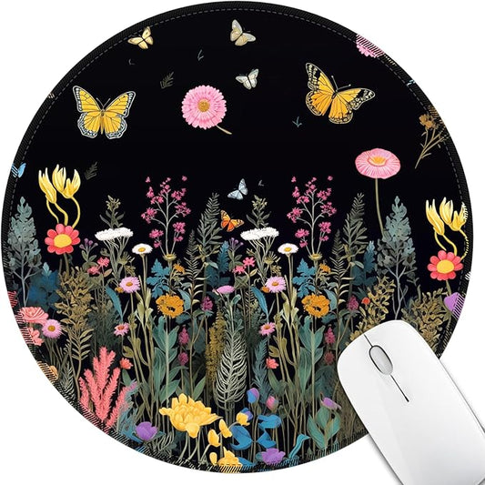 Butterfly Floral Mouse Pad for Desk, Flowers Plants Small Cute Mousepad with Non-Slip Base, Round Mouse Pads for Wireless Mouse Laptop, Computer Mouse Mat for Home Office Desk Accessories