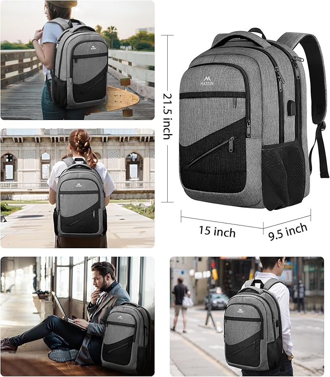MATEIN Extra Large Laptop Backpack 18.4 Inch, Airplane Approved Travel Backpack with Luggage Strap and USB Charging Port, 50 L College Computer Carry On, Gifts for Business Work Men, Grey Black