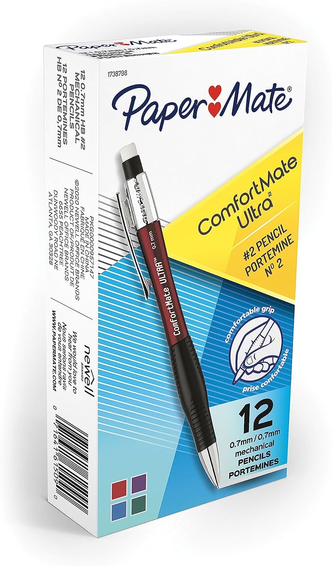 Paper Mate Comfort Mate Ultra Mechanical Pencils, 0.7mm, HB #2, Assorted Colors, 12 Count - School Supplies, Note-Taking, Comfortable Grip
