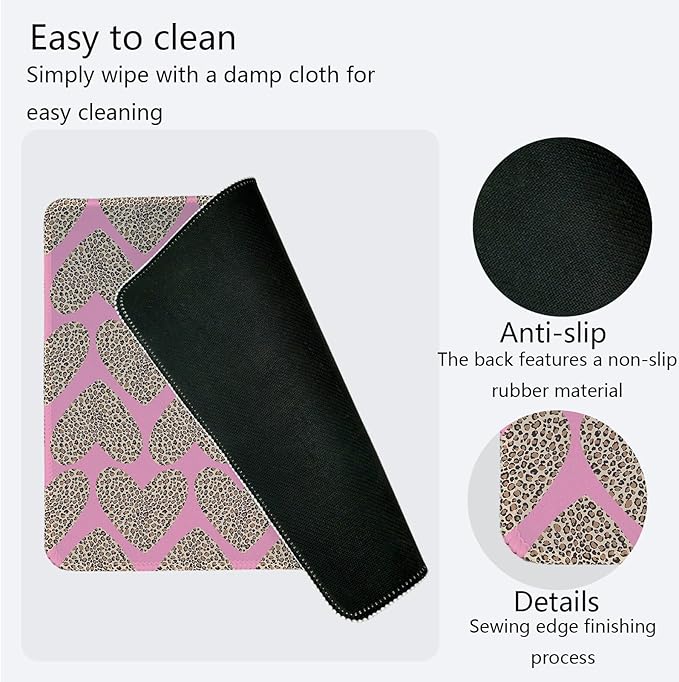 Pink Valentine Hearts Mouse Pad, Pink Cheetah Valentine's Day Desk Pad,Girly Preppy Love Heart Desk Mat for Girls Dorm Home Office Desktop Decor,Valentine's Day Gift,11.8x9.8 Inch