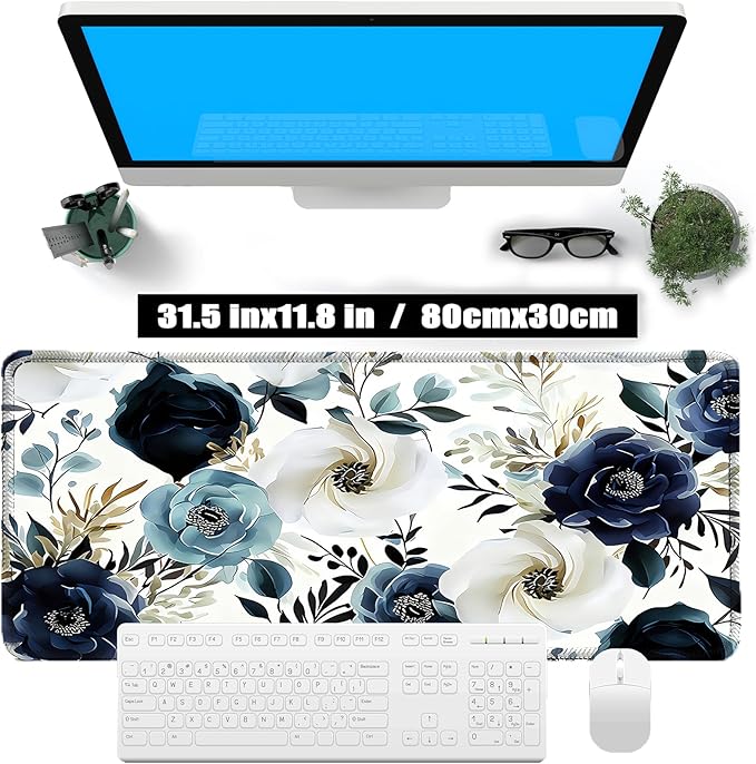 Blue Floral Mouse Pad 31.5x11.8 Inch, Large White Peony Flowers Desk Mat with Non-Slip Base, Micro-Woven Fabric, Stitched Edges for Office Computer