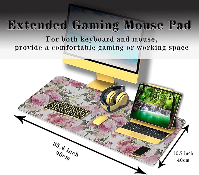 Keyboard Mouse Pad Pink Desk Mat for Women Extra Large Mouse Pads Office Accessories Gaming Mousepad Cool Mouse Pad Non-Slip Rubber Base 35.4" X 15.7" for Game Office, Roses Wreath