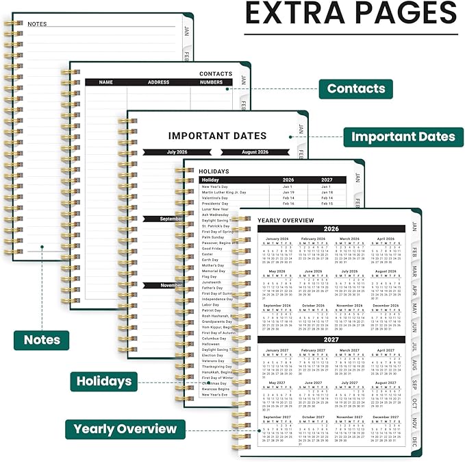 2026 Planner, Weekly and Monthly Planner for Women, January 2026 to December 2026, Pretty Hardcover 2026 Calendar Planner Book with Tabs, Inner Pocket, Spiral Bound, Perfect Office Home School Supplies - 6.3" x 8.5", Golden Blush