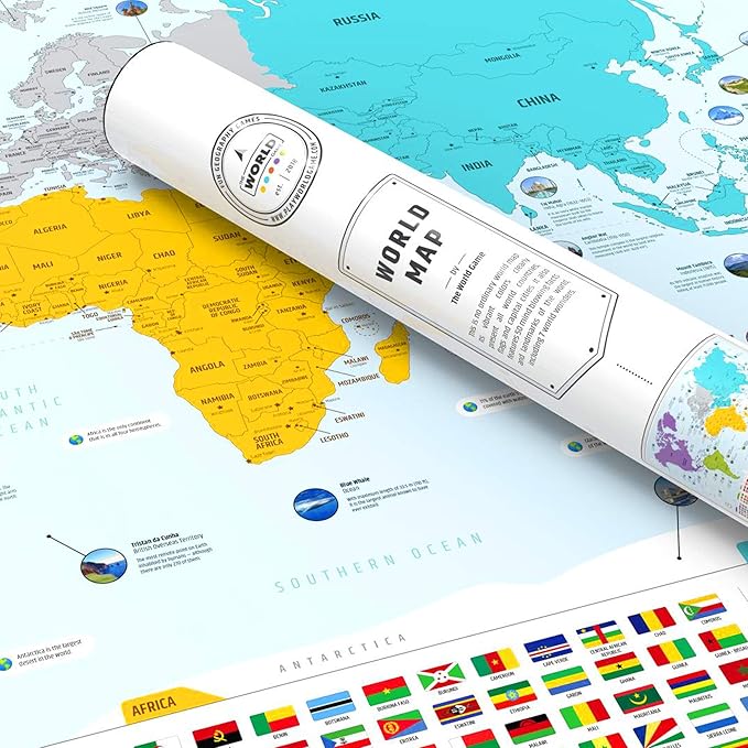 Large World Map for Wall - Poster with Flags & Capitals - Educational World Map for Kids & Adults - Colorful Global Maps with 50 Interesting Facts - Classroom & Homeschool Decor