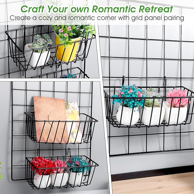 6 Pack Wire Baskets, Hanging Basket for Wall Grid Panel Organizing, Display Wall Baskets for Kitchen, Home Decor, Grid Accessory, Black
