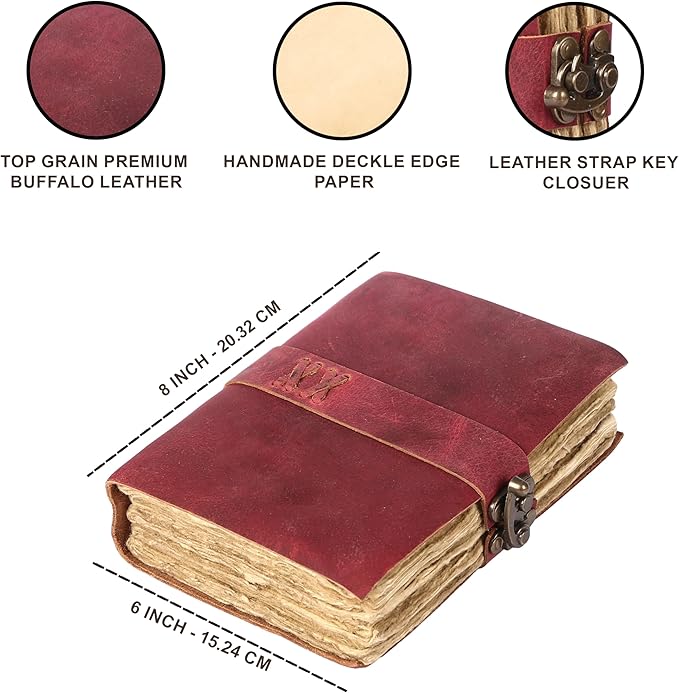 Vintage Leather Journal Handmade Buffalo Deckle Edge Paper – Leather Bound Journal for Women Men Vintage C-Lock Closure Ideal for Writing & Travel for Artists