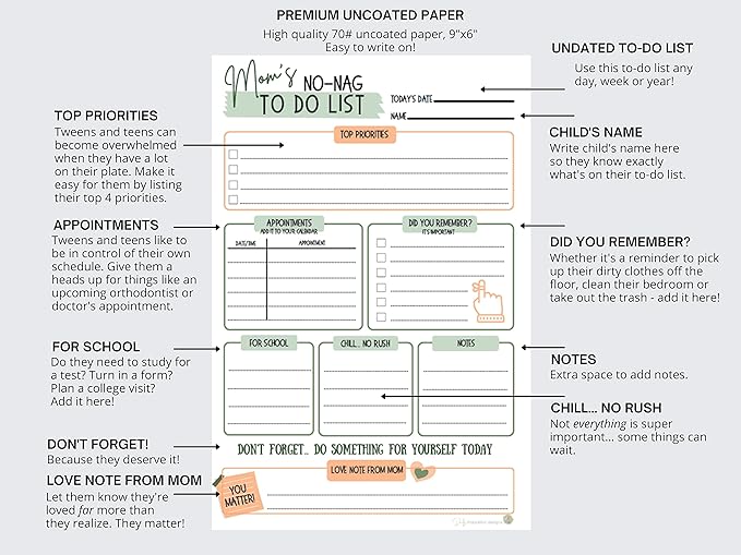 Mom's No-Nag To-Do List, 50 Tear-Off 6"x9" Sheet Pad (Perfect for Tweens and Teens) - Organizer, Scheduler, Daily Planner, Productivity Tracker for Organizing Goals, Notepad