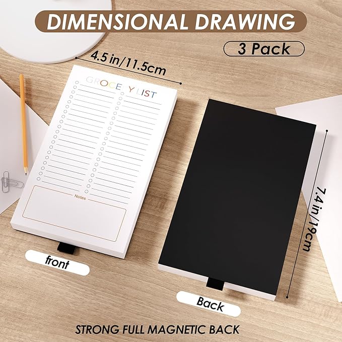 3 Pack Magnetic Grocery List Pad with Full Back Magnet & Pen Holder, Totally 180 Sheets for Fridge, To-Do List and Memo Notepad (4.5x7.5 Inch, Blank)