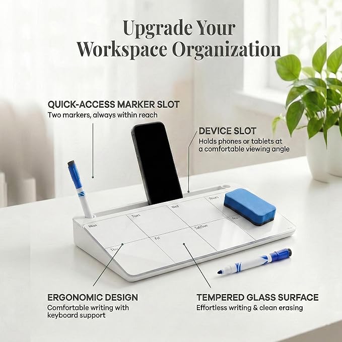 Birch Small Desktop Whiteboard Calendar– Glass Dry Erase Board Desk Pad Keyboard Stand with Storage Compartment 3 Markers & Marker Holder – Perfect for Office, Home, & School (Cloud)