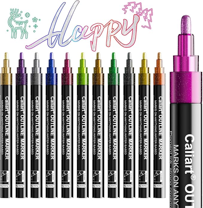 Caliart 12 Colors Outline Markers Shimmer Glitter Pens, Doodling Marker Set for Adults Artists, Cool Fun Craft Drawing Art Supplies