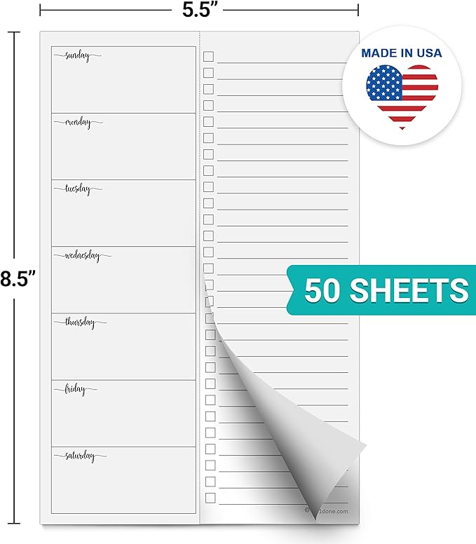 321Done Weekly Plan with Checklist Notepad – 50 Sheets (5.5x8.5) Small – Made in USA - Two Column, Minimalist to-Do Planning Memo Pad, Simple Planner Schedule Inserts Sunday Start