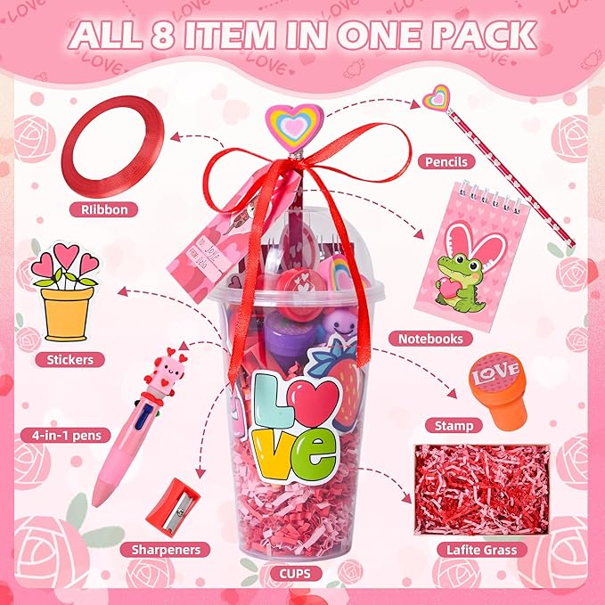 LiYiQ 247 Pcs Valentine's Gifts for Classroom Valentine's Day Return Gifts, Stationery Gifts from Teacher, Pencil Erasers Notebooks Stickers Stamps Goodie Bags Rewards Prizes