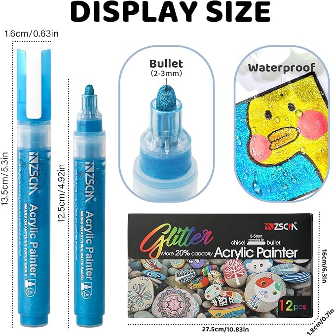 ZSCM Large Acrylic Glitter Markers Pen, 12 Colors Stocking Stuffers Gifts, Metallic Shimmer Markers for Doodle Writing, Glitter Art Crafts Gifts Trendy Stuff Christmas Stocking Stuffers