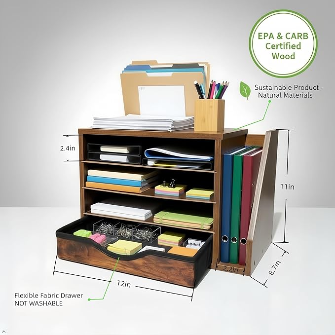 File Organizer with Drawer, Office Wood Desk Organizer with drawers, with 4 Adjustable Shelves, Mail Sorter with Drawer, Office Desk Paper Holder, Brown