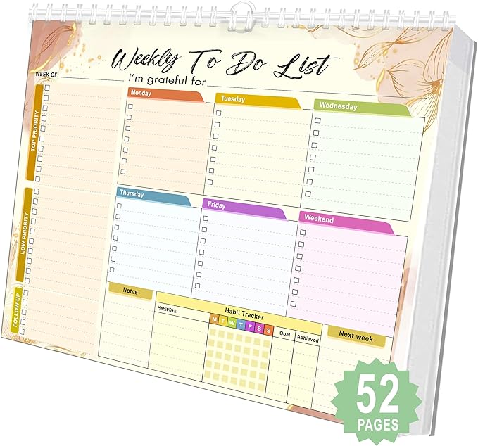 Weekly Planning To-Do-List Pad, 52 Undated Sheets for Daily To-Do Lists, Habit Tracking, Academic Scheduling, and Productivity Goals - Perfect for Work, Home, and Office Organization 8.5x11 inches